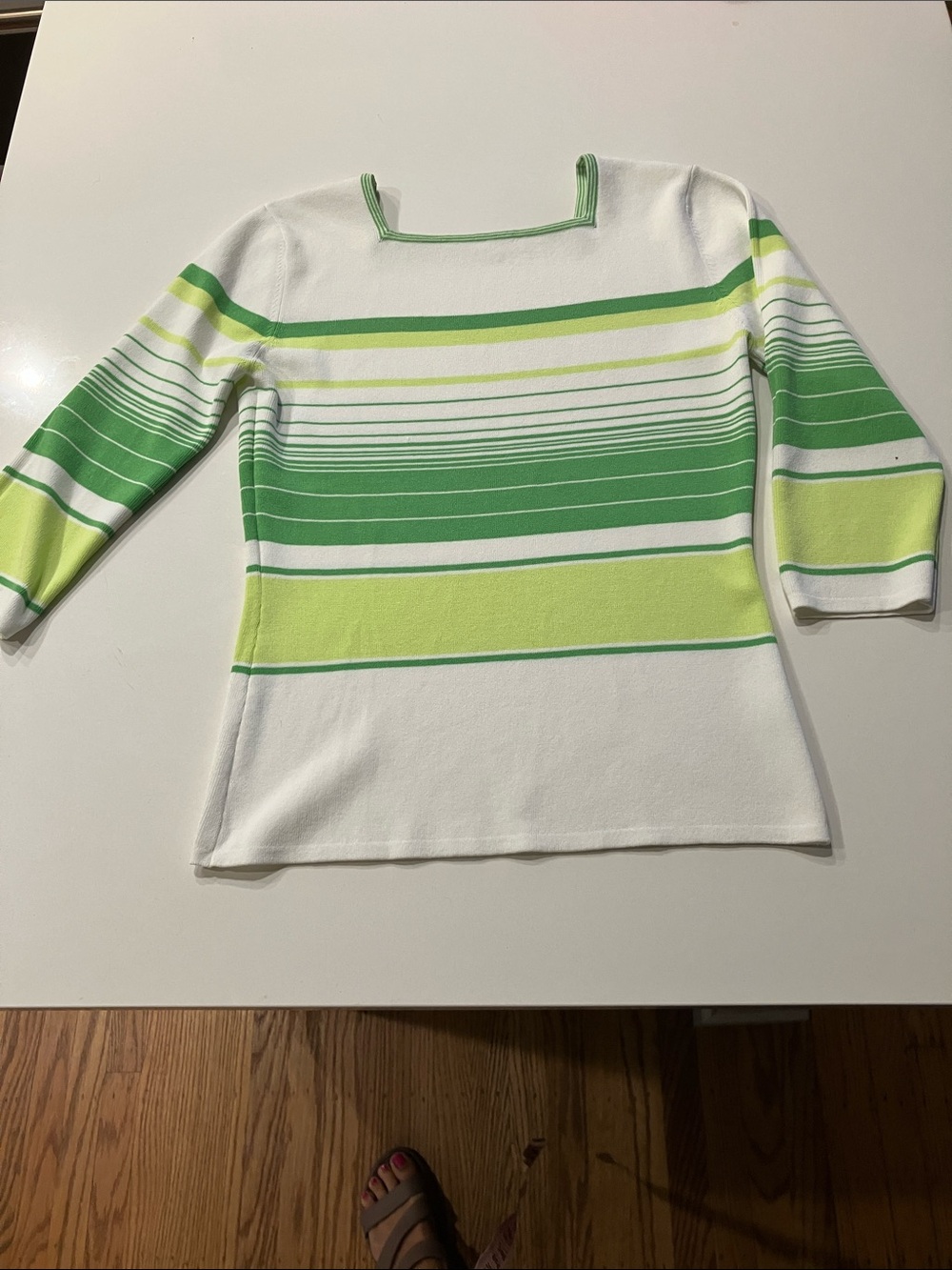 Striped Square-Neck Long Sleeve Top in White & Green